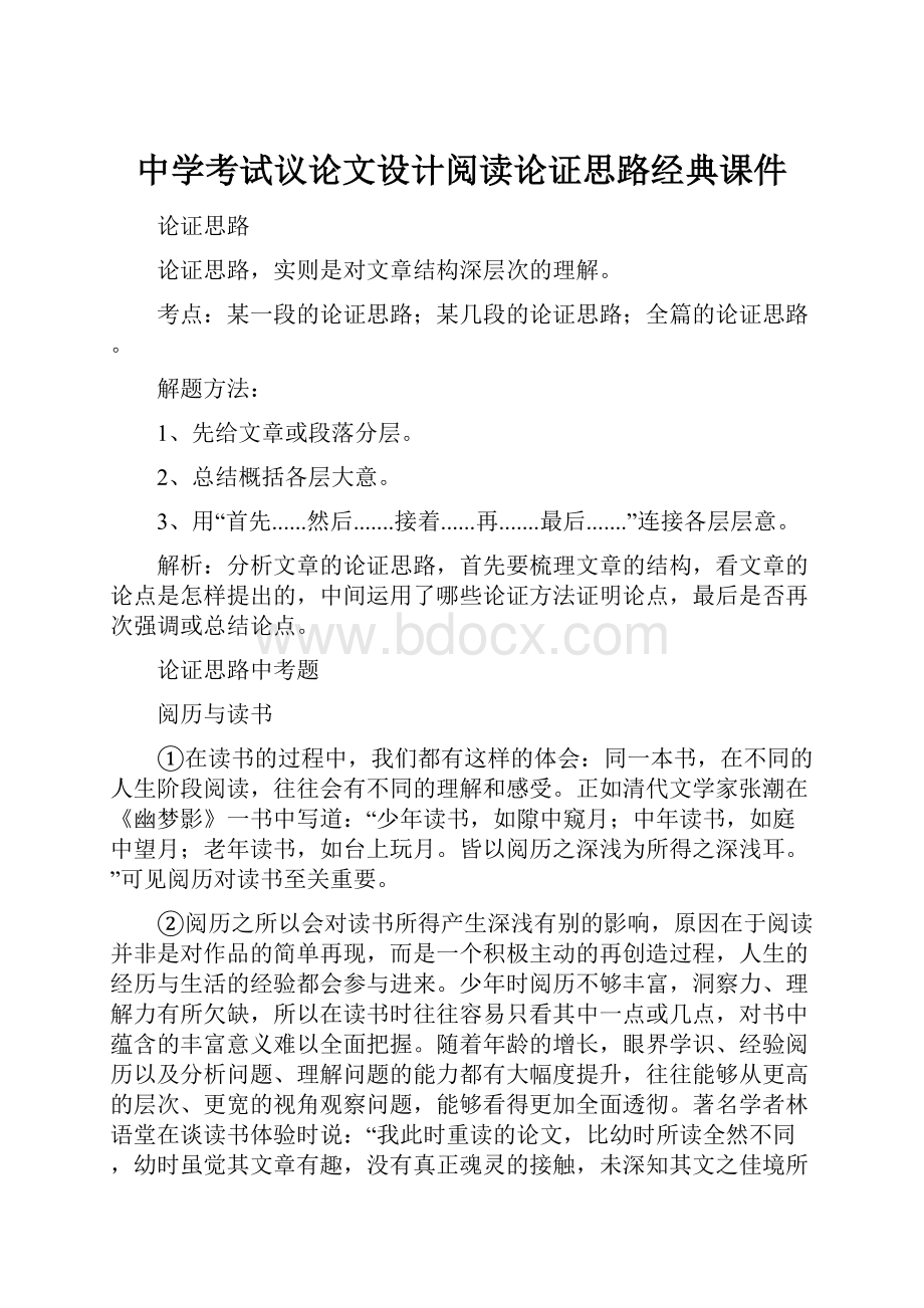 中学考试议论文设计阅读论证思路经典课件.docx_第1页