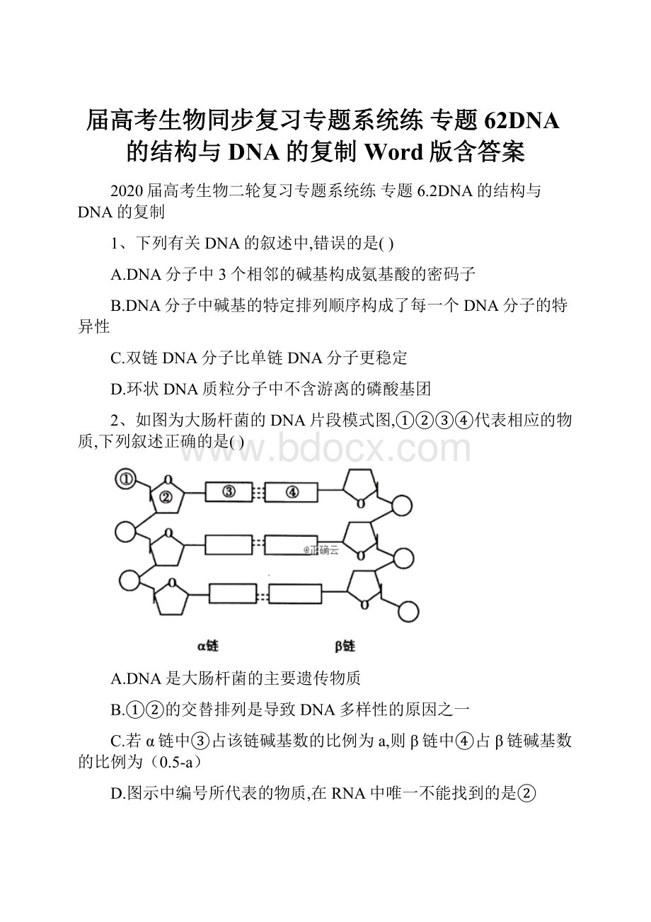 届高考生物同步复习专题系统练 专题62DNA的结构与DNA的复制 Word版含答案.docx