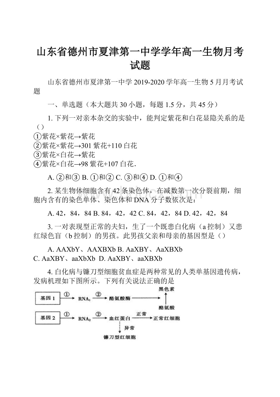 山东省德州市夏津第一中学学年高一生物月考试题.docx