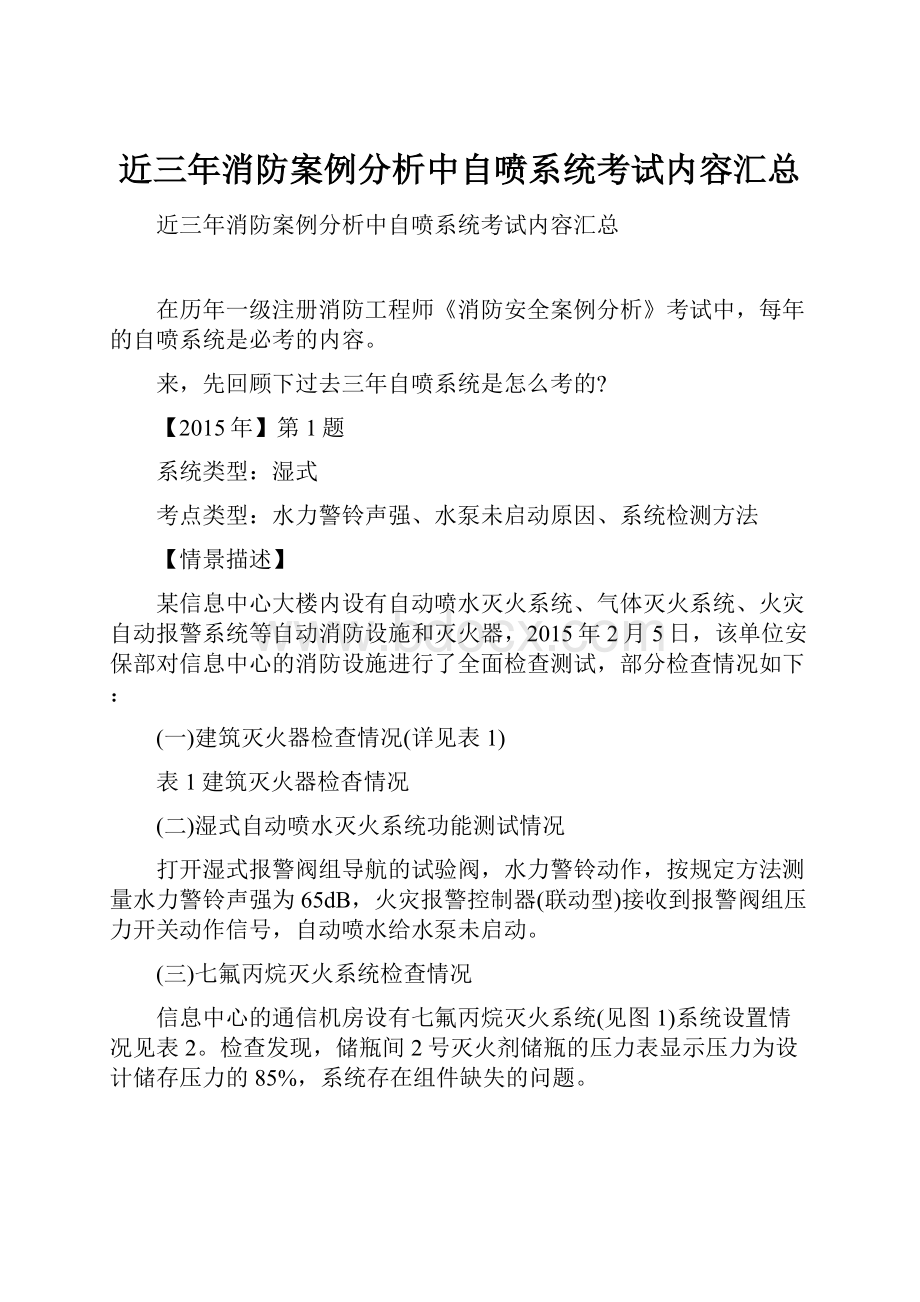 近三年消防案例分析中自喷系统考试内容汇总.docx