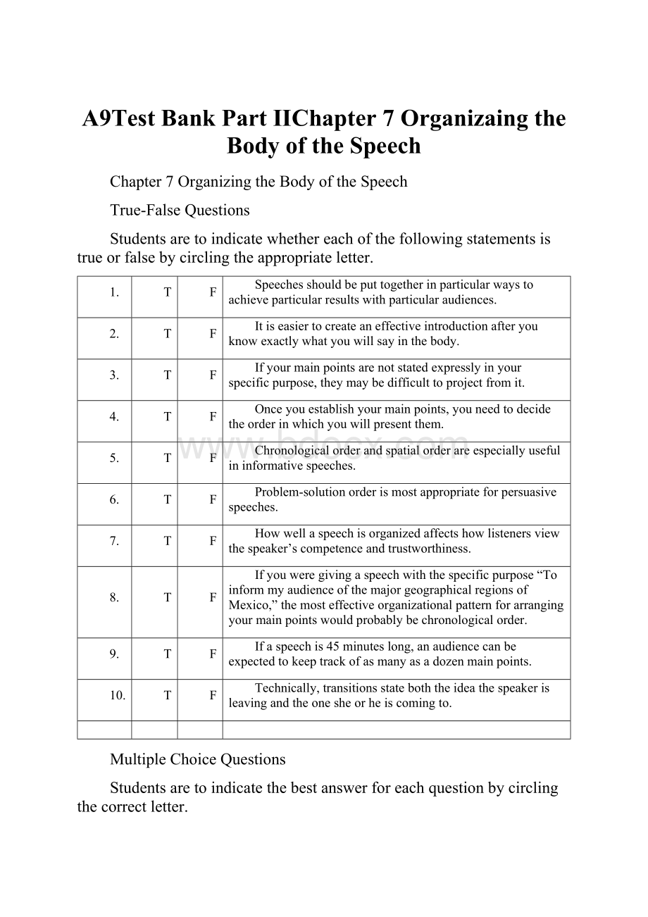 A9Test Bank Part IIChapter 7 Organizaing the Body of the Speech.docx_第1页