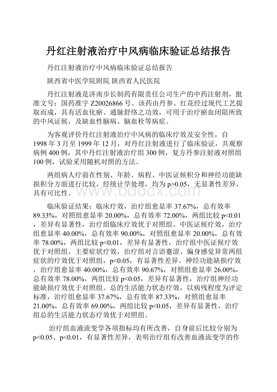 丹红注射液治疗中风病临床验证总结报告.docx_第1页