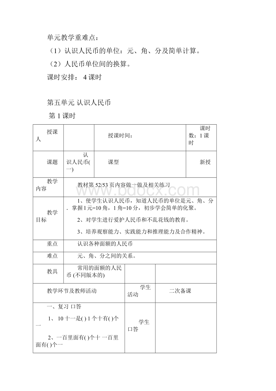 一级数学下册认识人民币集体备课表格式.docx_第2页