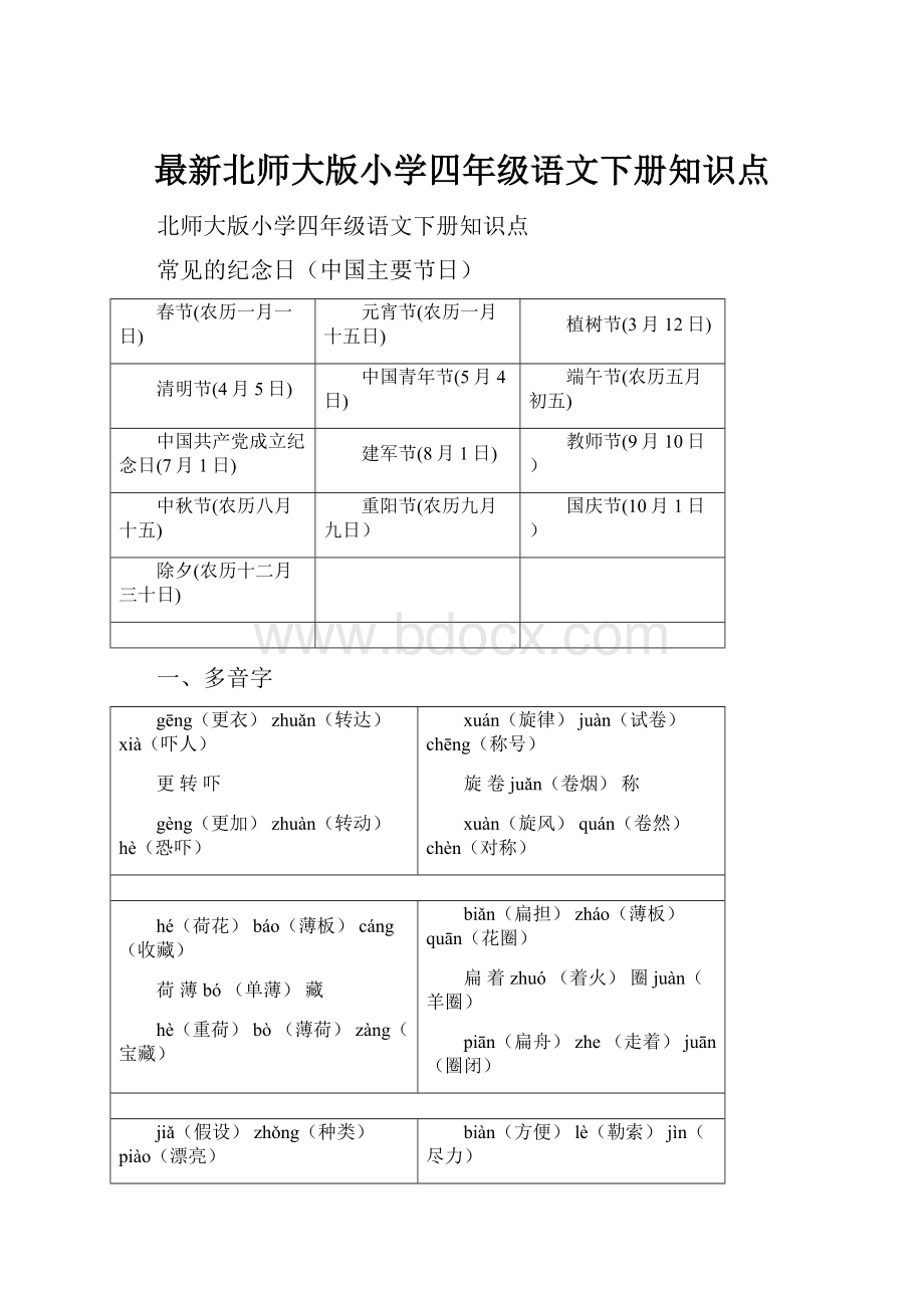 最新北师大版小学四年级语文下册知识点.docx