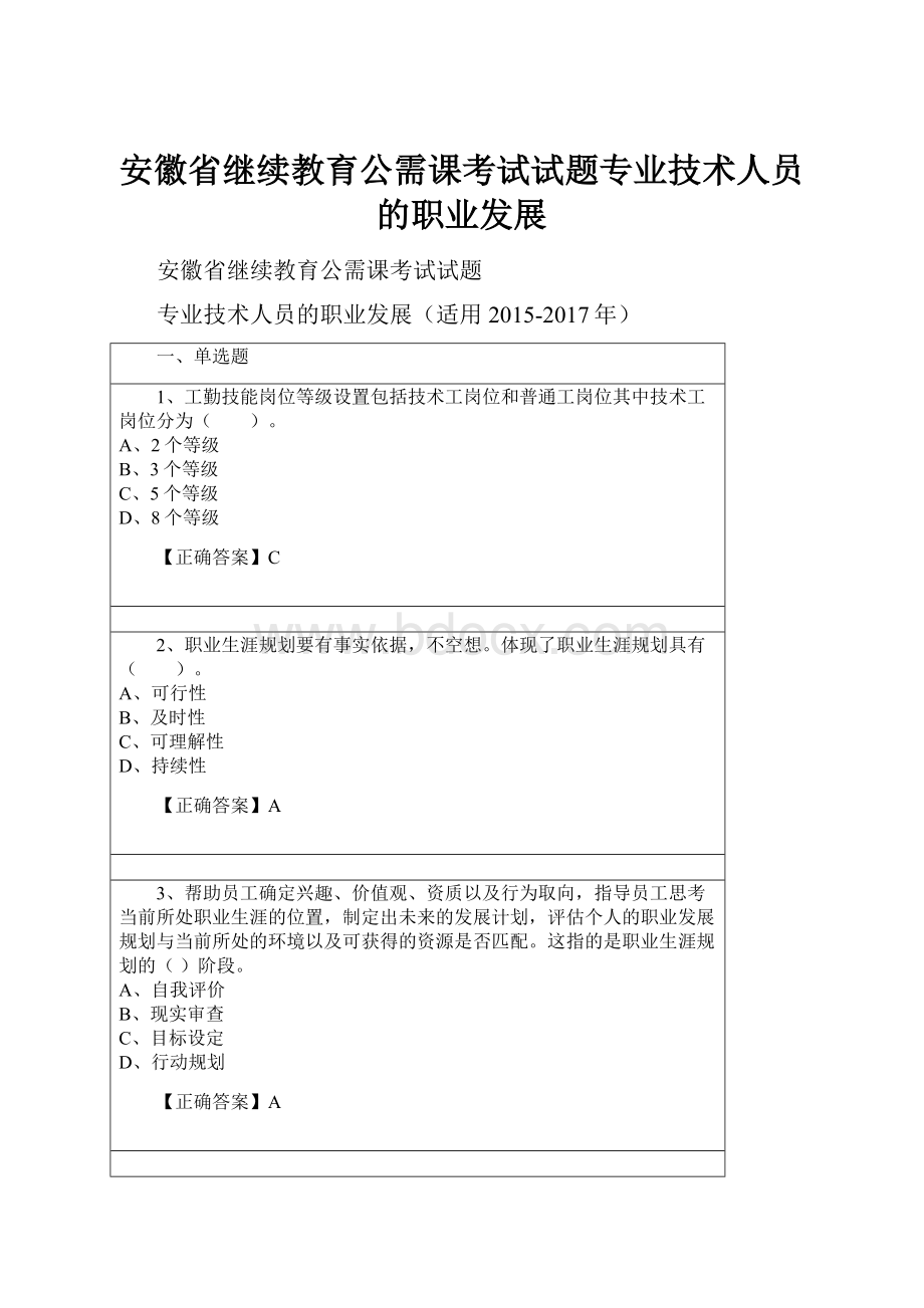 安徽省继续教育公需课考试试题专业技术人员的职业发展.docx_第1页