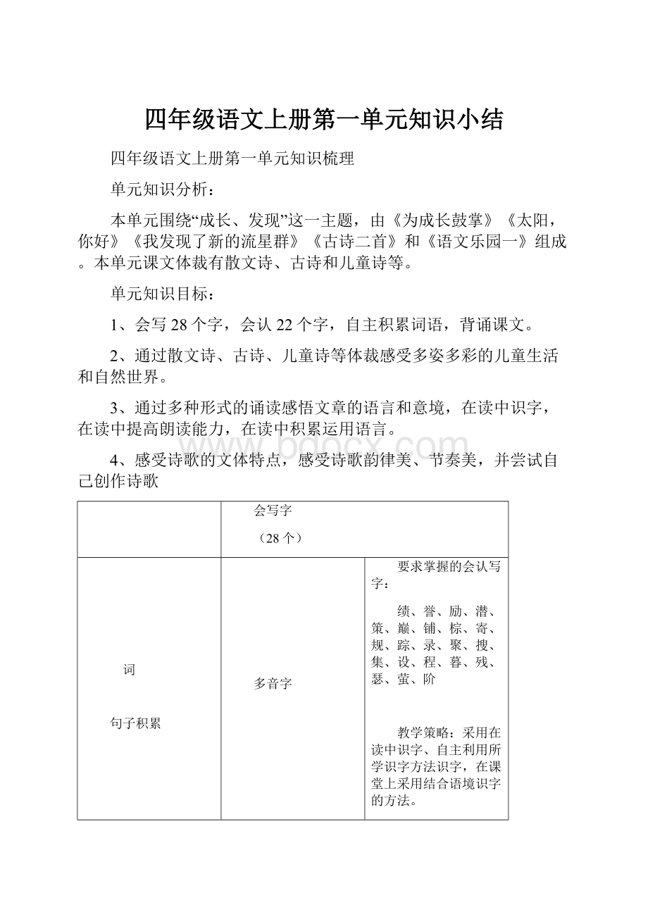 四年级语文上册第一单元知识小结.docx_第1页