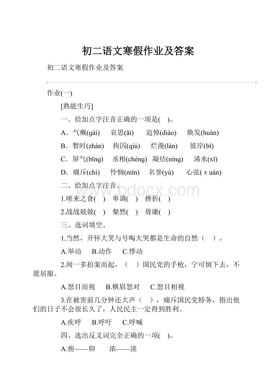 初二语文寒假作业及答案.docx