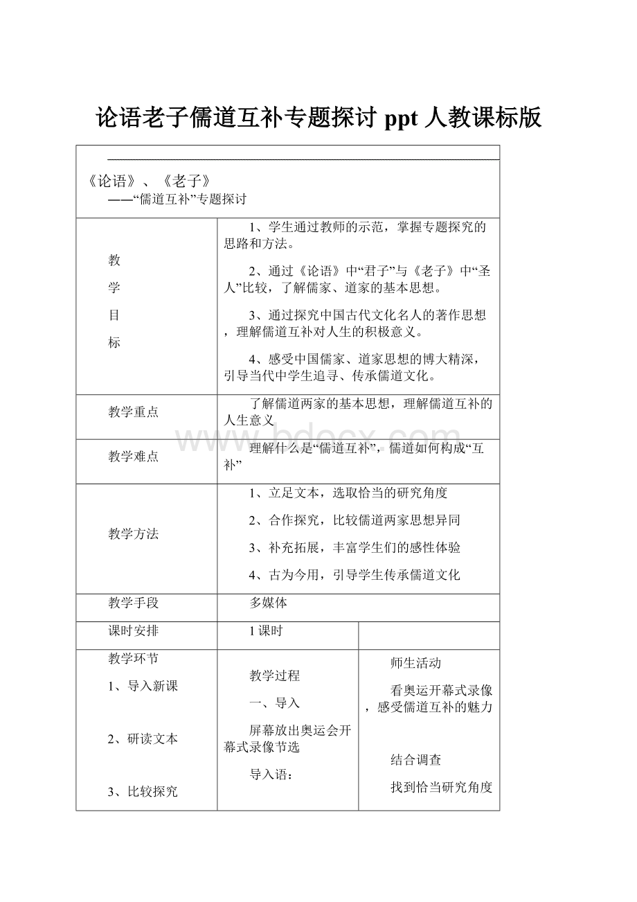 论语老子儒道互补专题探讨ppt 人教课标版.docx