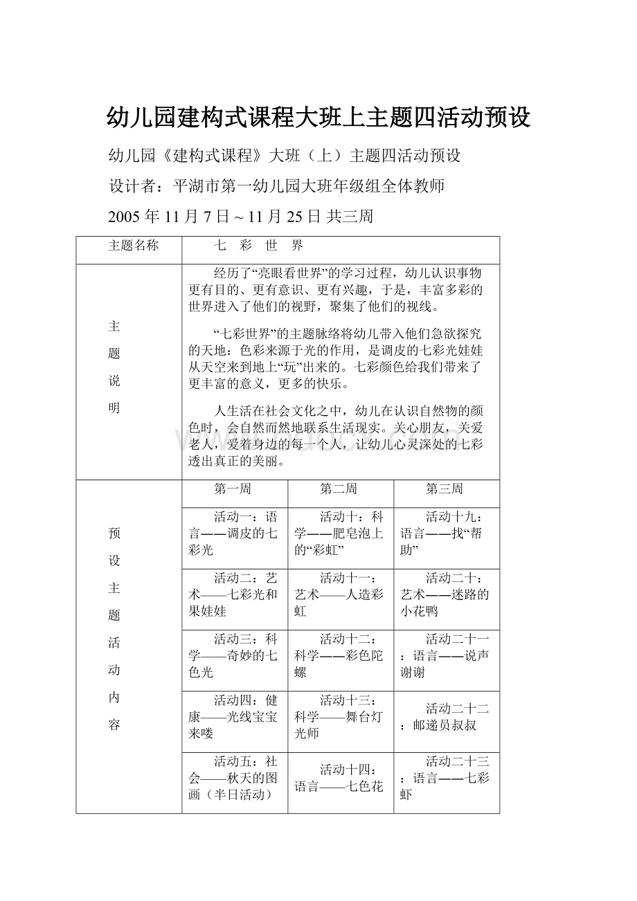 幼儿园建构式课程大班上主题四活动预设.docx