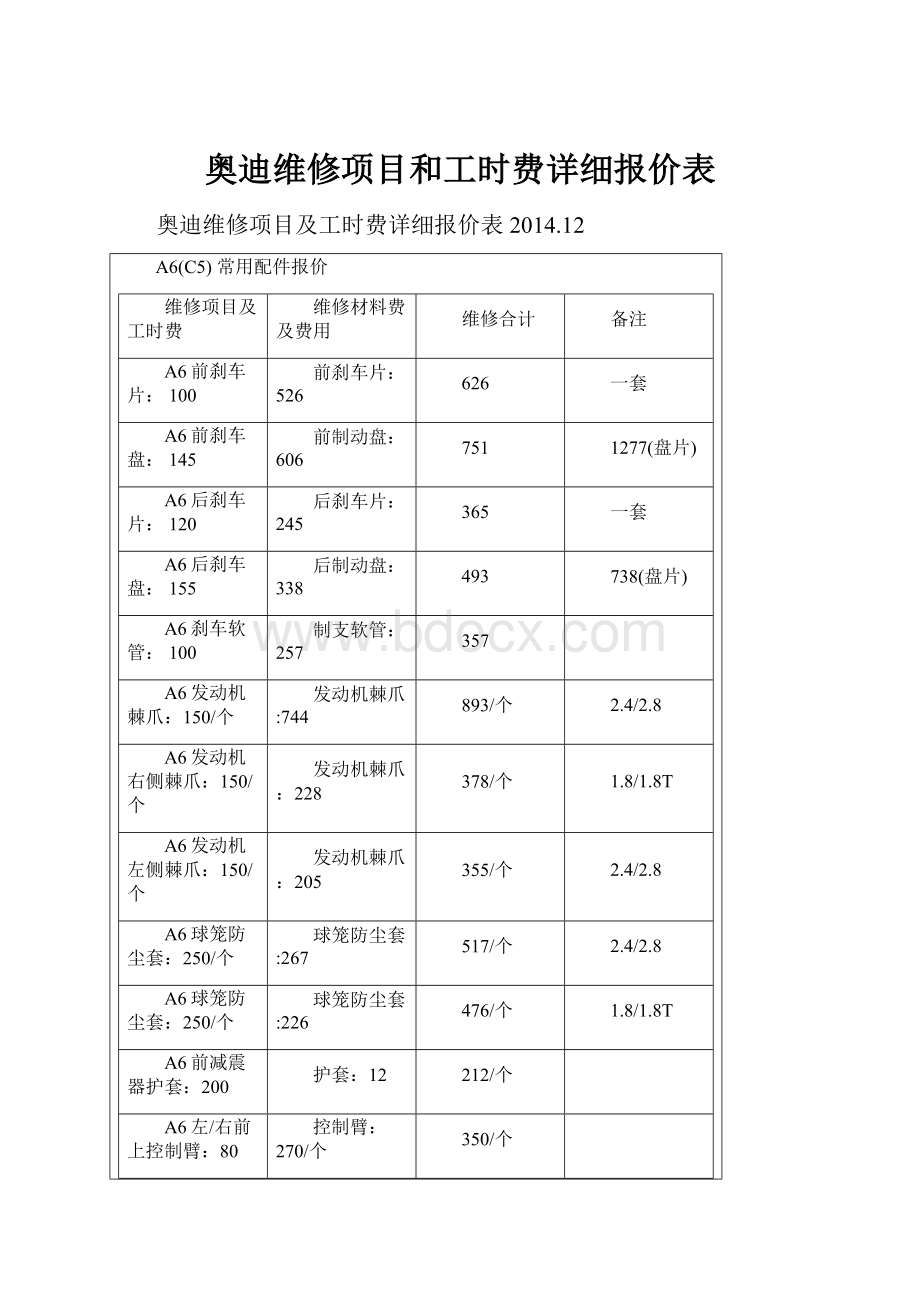 奥迪维修项目和工时费详细报价表.docx_第1页