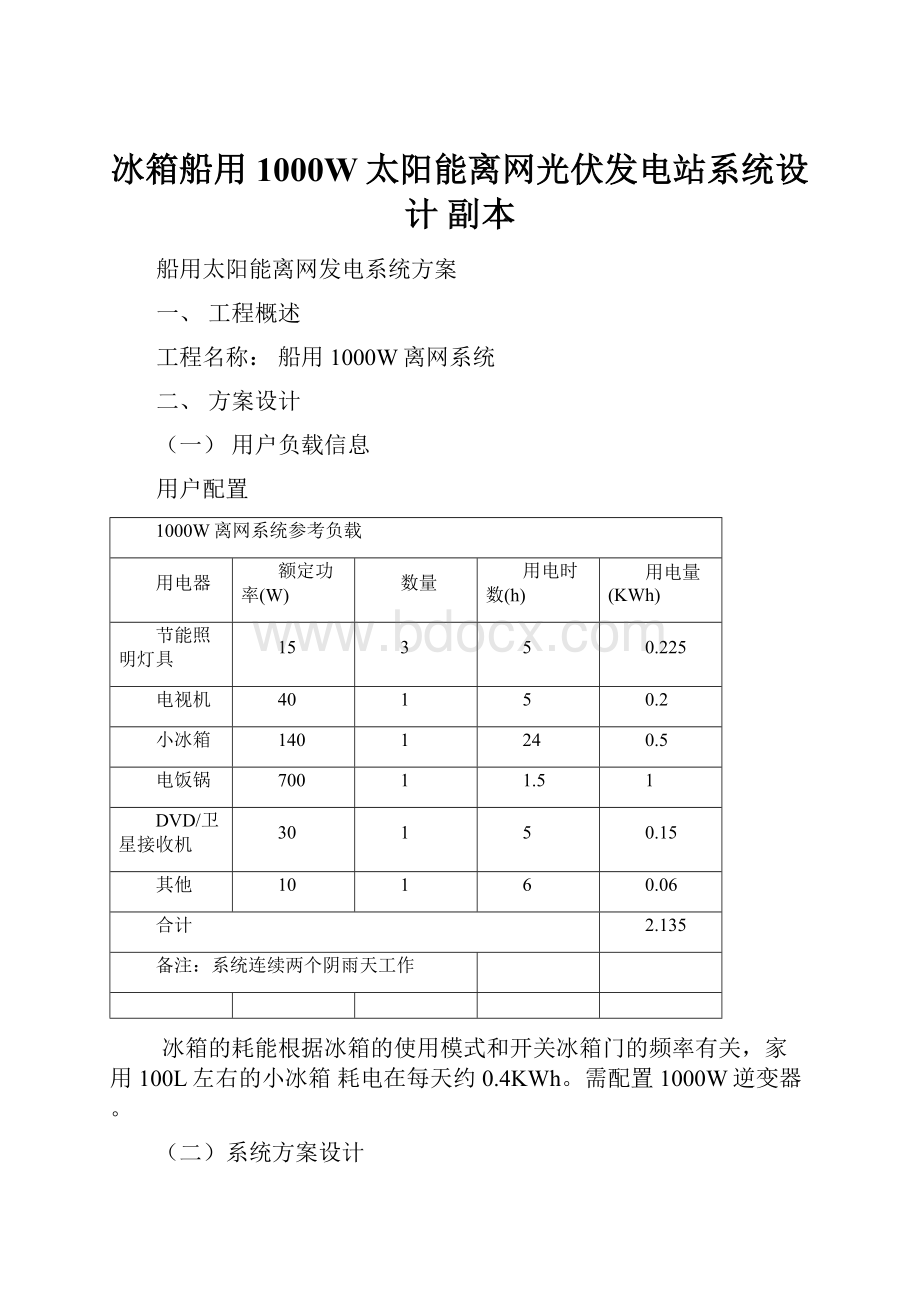 冰箱船用1000W太阳能离网光伏发电站系统设计 副本.docx_第1页