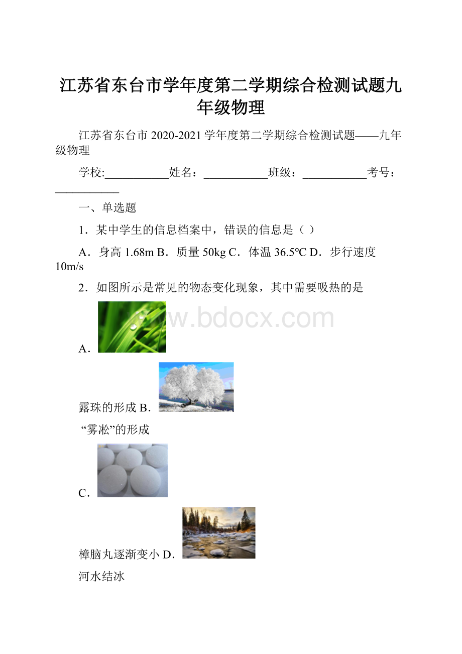 江苏省东台市学年度第二学期综合检测试题九年级物理.docx