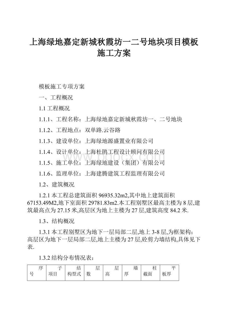 上海绿地嘉定新城秋霞坊一二号地块项目模板施工方案.docx_第1页