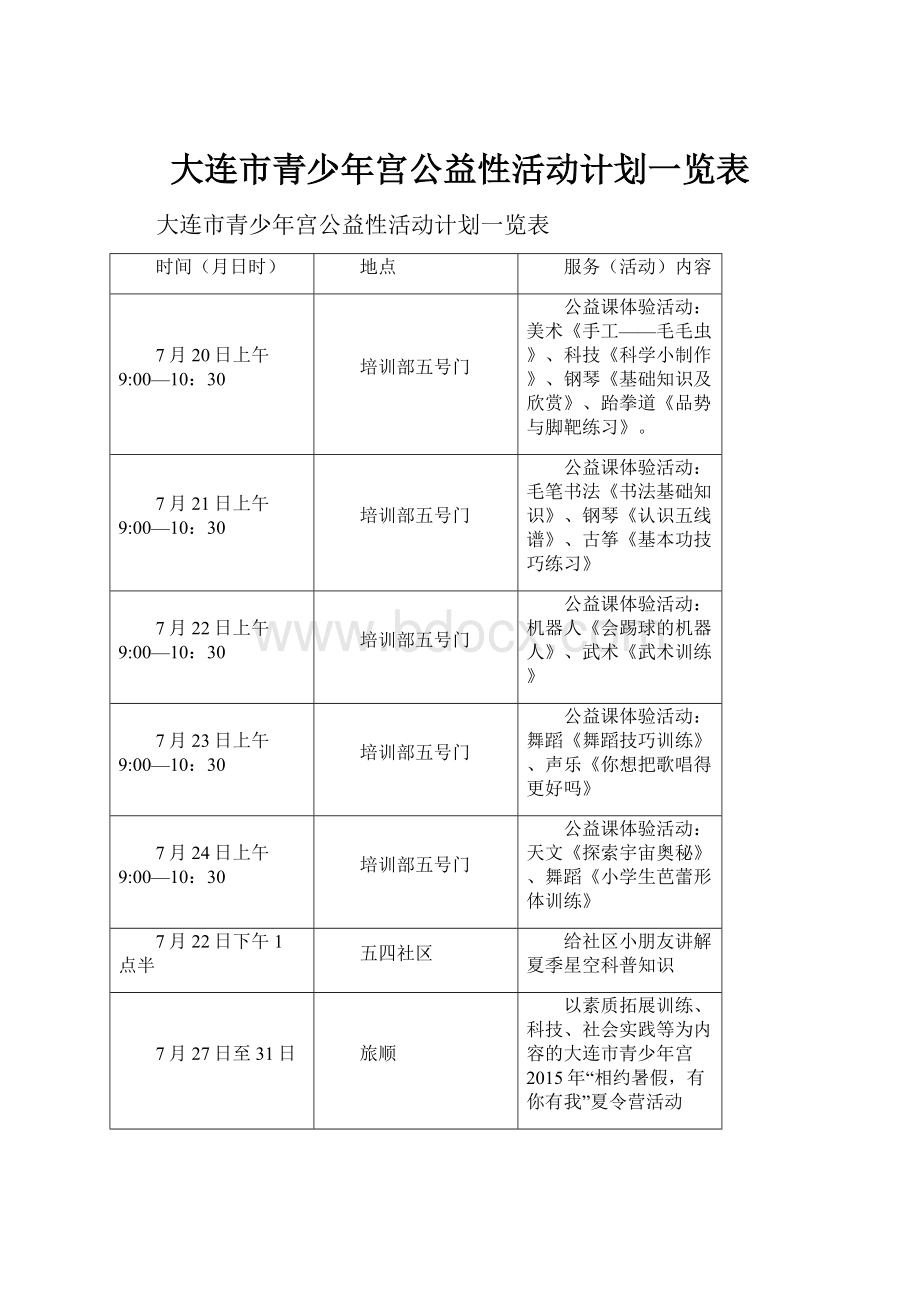 大连市青少年宫公益性活动计划一览表.docx