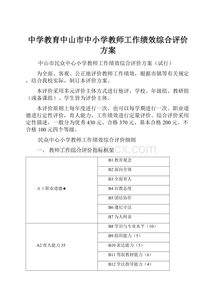 中学教育中山市中小学教师工作绩效综合评价方案.docx_第1页