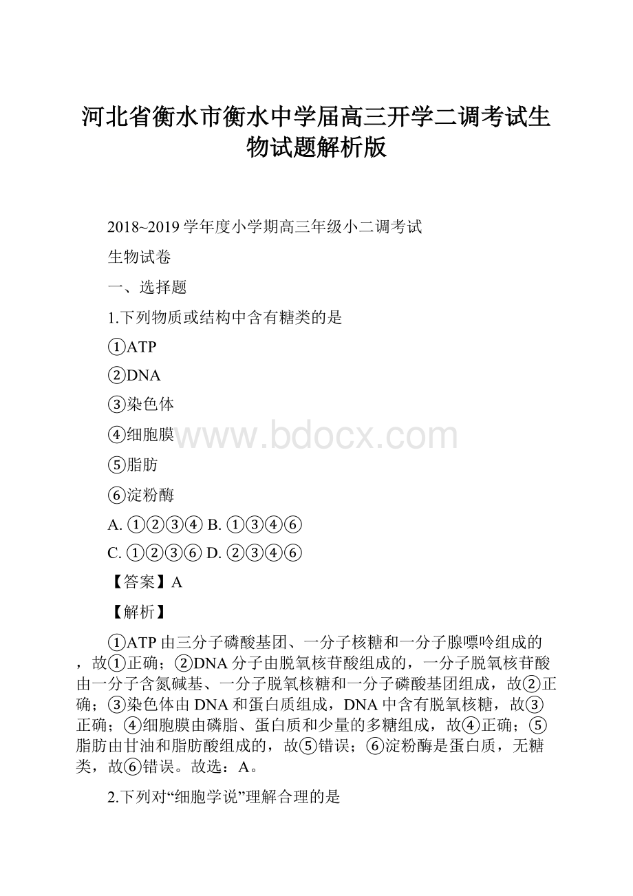 河北省衡水市衡水中学届高三开学二调考试生物试题解析版.docx