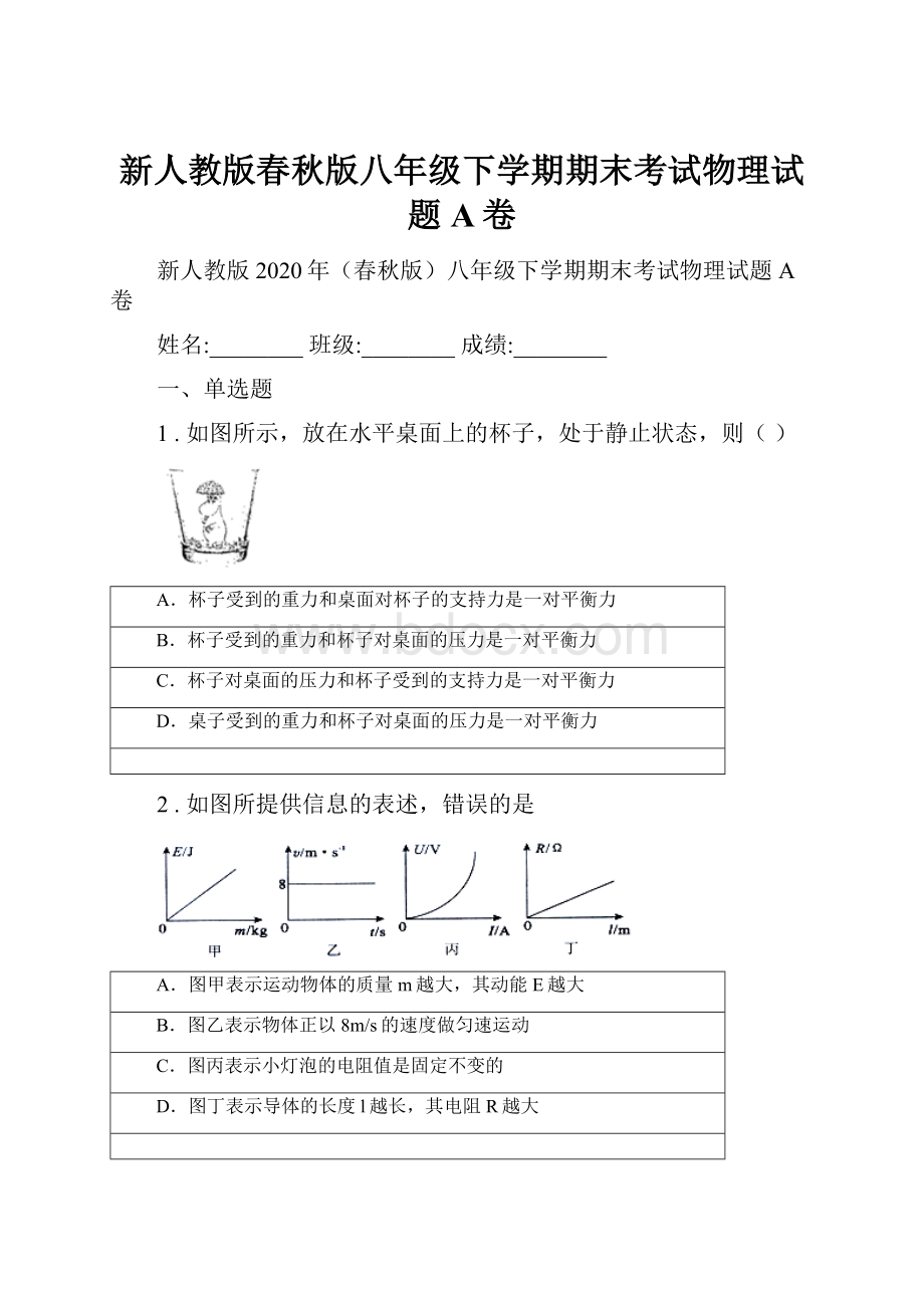 新人教版春秋版八年级下学期期末考试物理试题A卷.docx