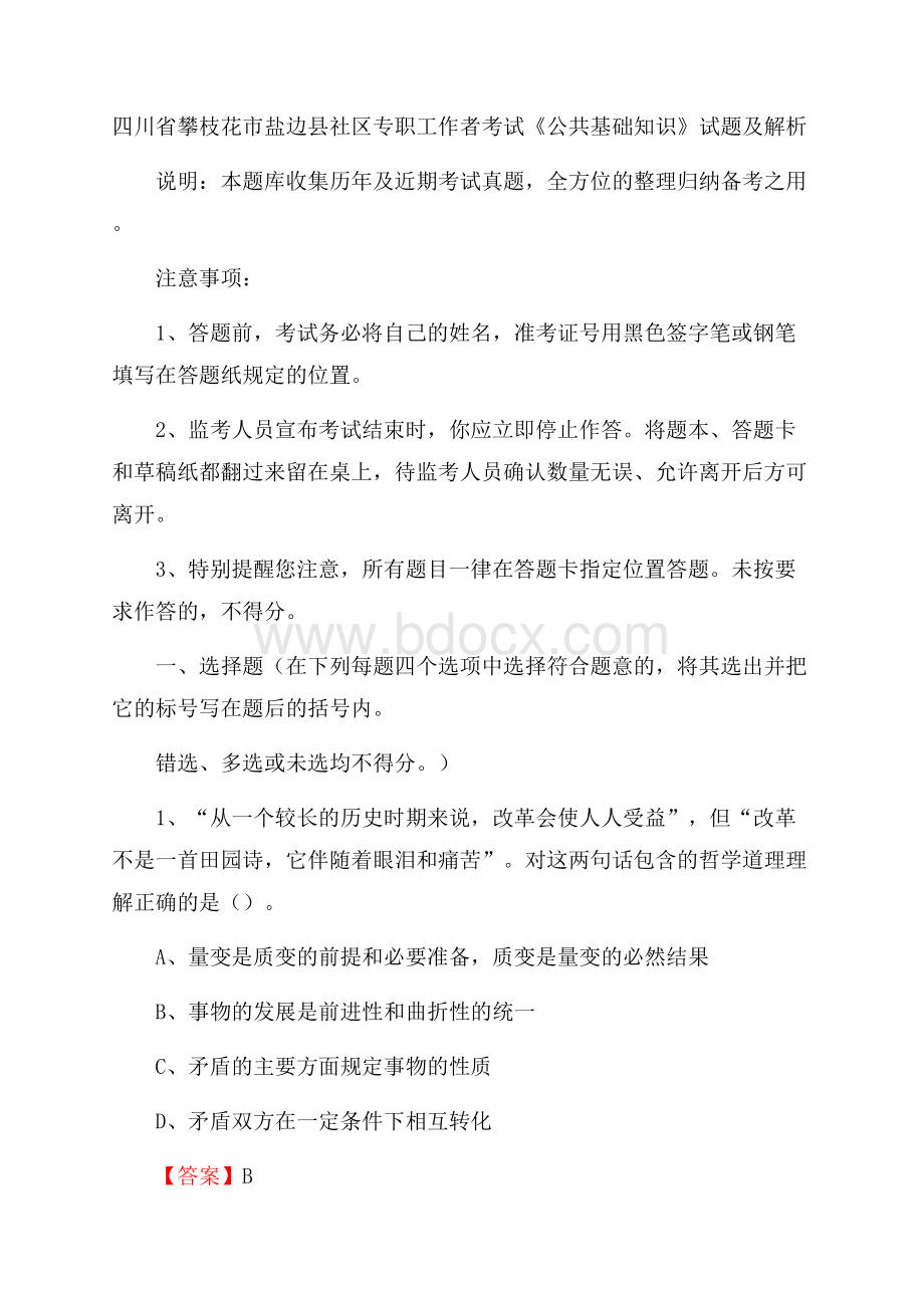 四川省攀枝花市盐边县社区专职工作者考试《公共基础知识》试题及解析.docx_第1页