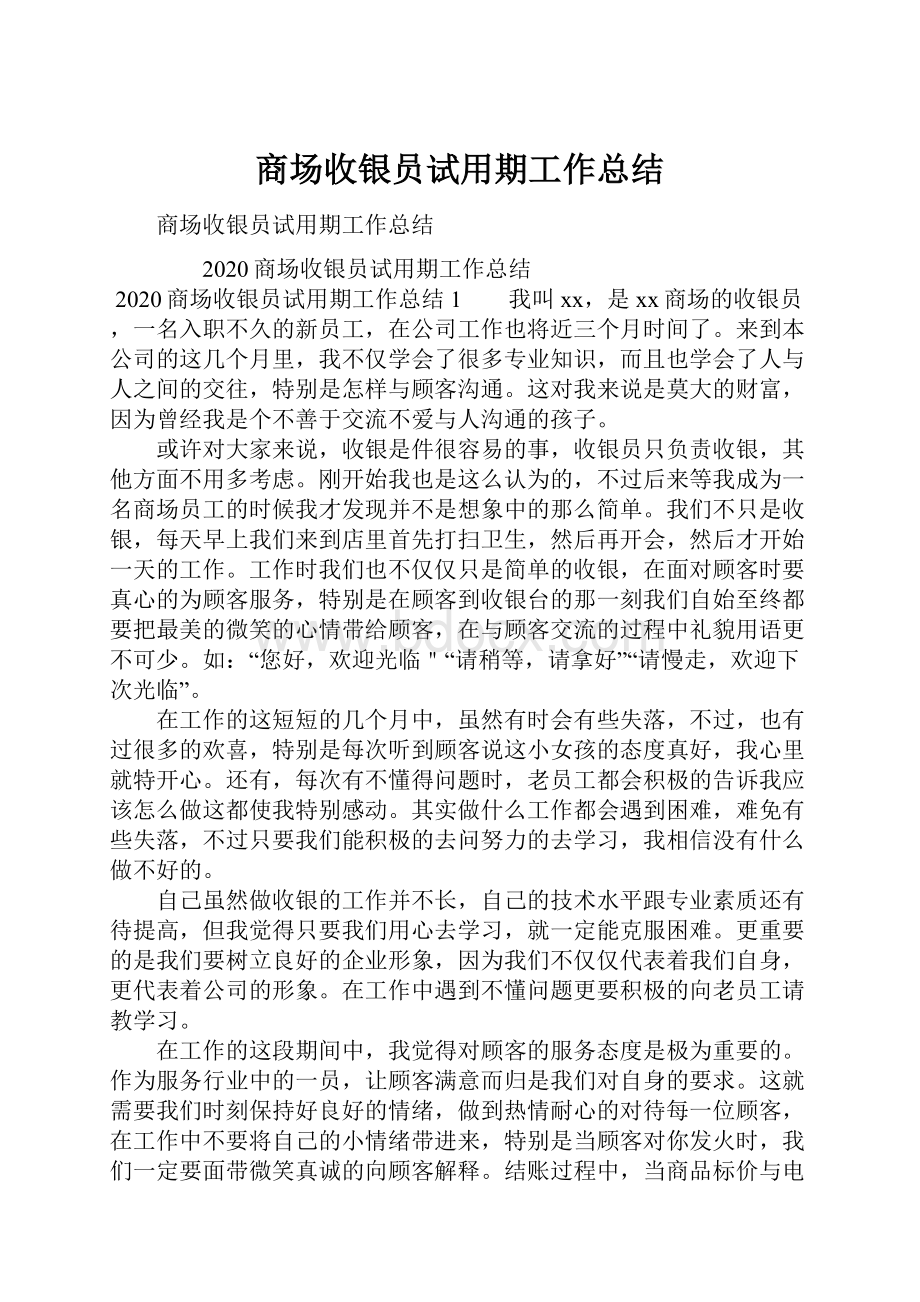 商场收银员试用期工作总结.docx