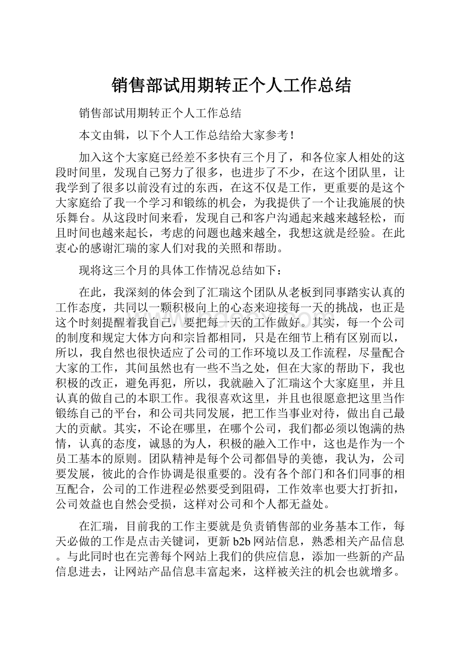 销售部试用期转正个人工作总结.docx_第1页