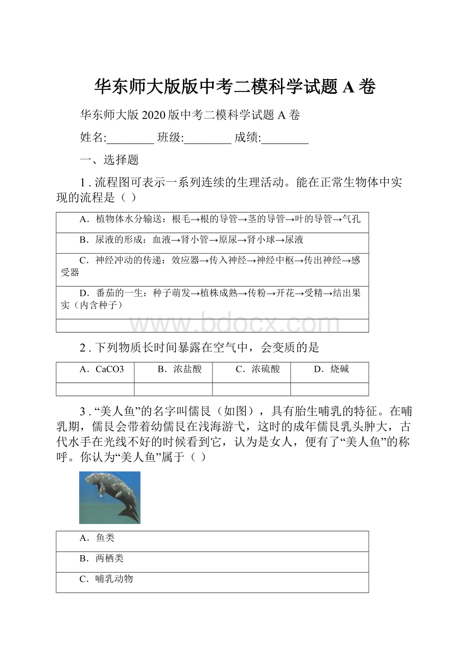 华东师大版版中考二模科学试题A卷.docx_第1页