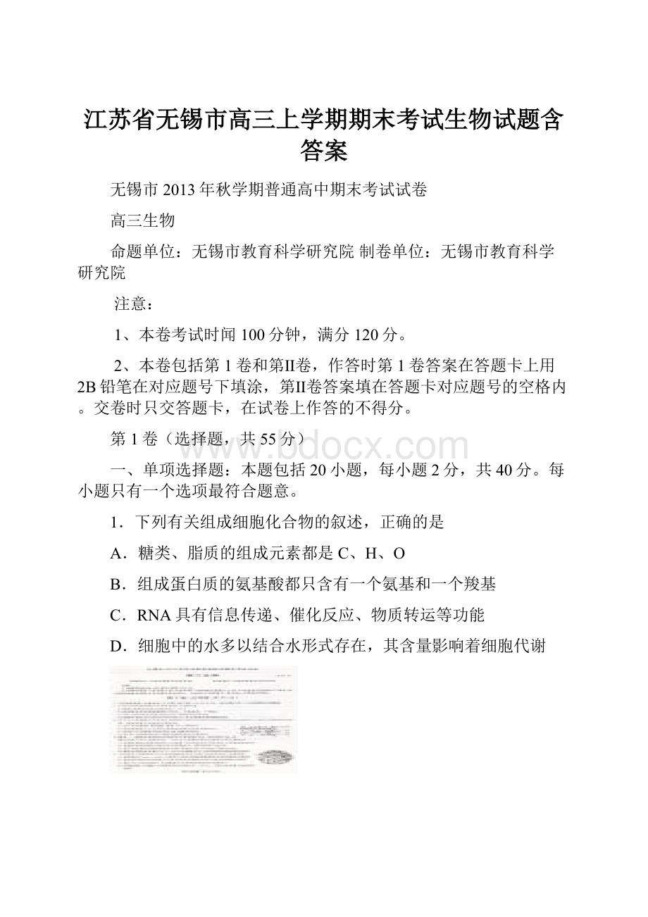 江苏省无锡市高三上学期期末考试生物试题含答案.docx