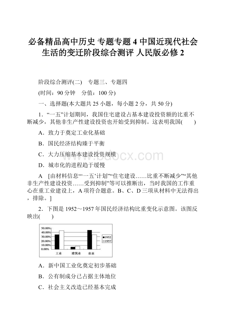 必备精品高中历史 专题专题4 中国近现代社会生活的变迁阶段综合测评 人民版必修2.docx_第1页