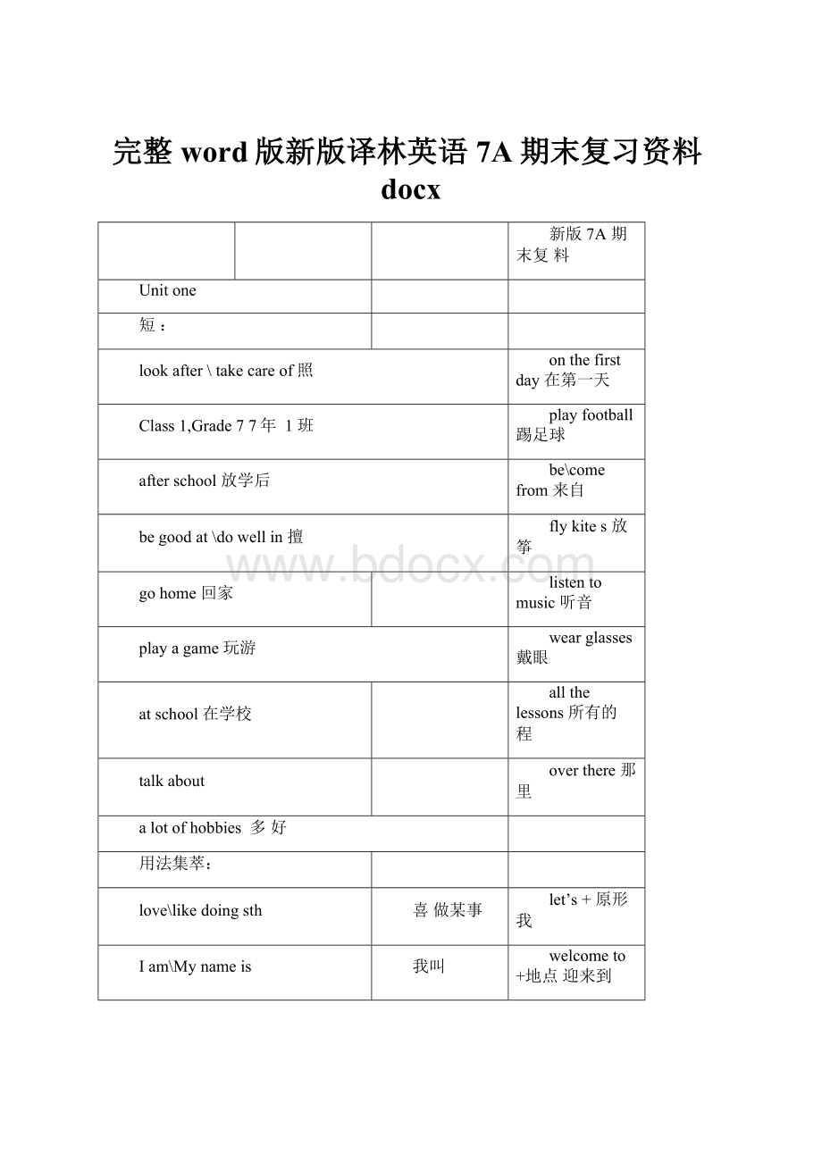 完整word版新版译林英语7A期末复习资料docx.docx