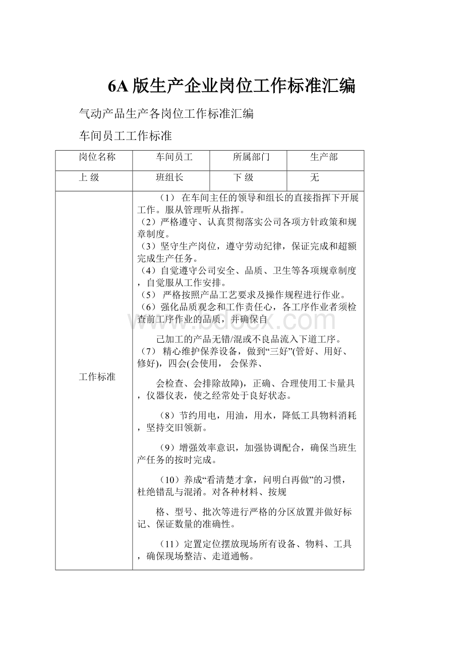 6A版生产企业岗位工作标准汇编.docx_第1页