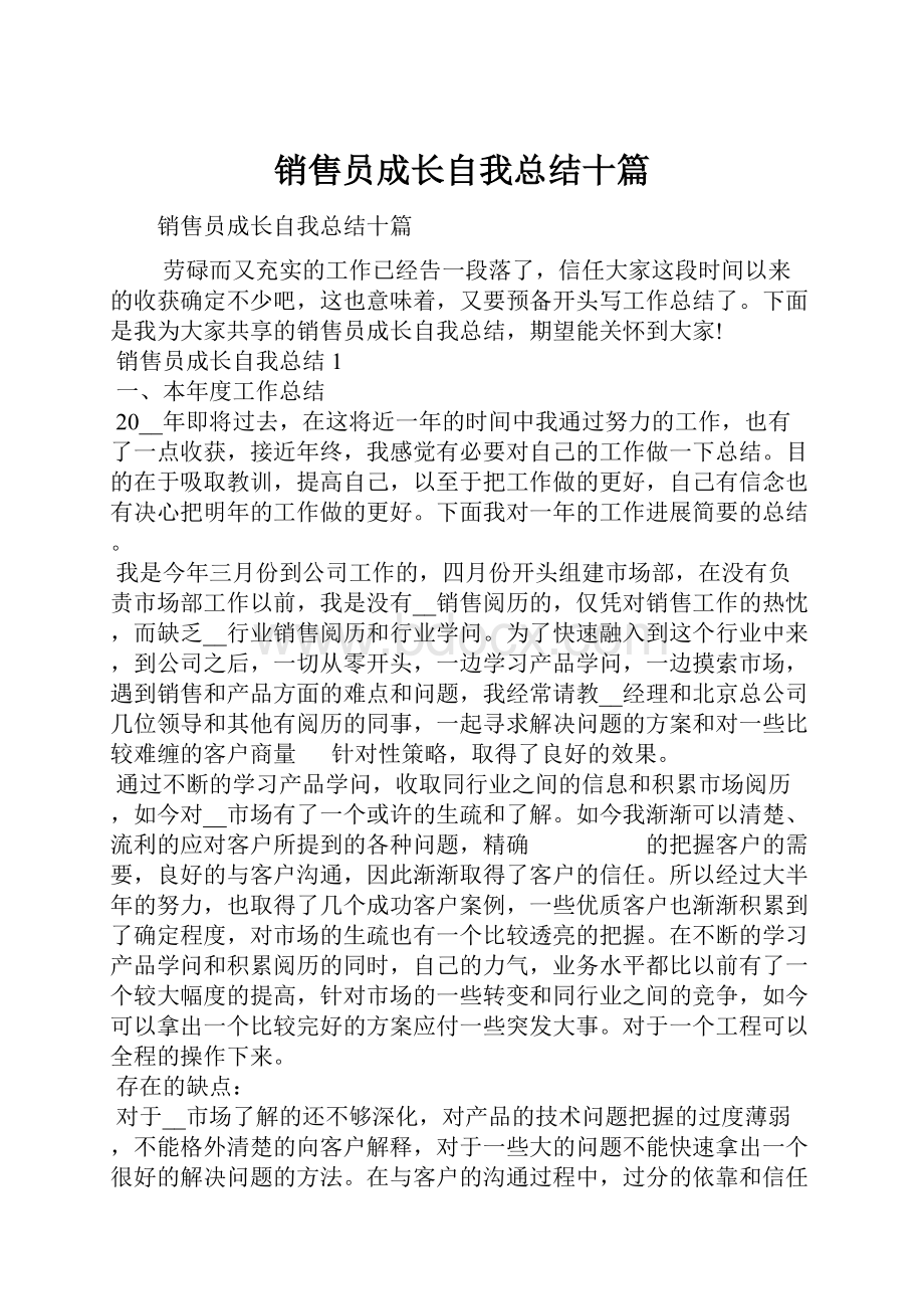 销售员成长自我总结十篇.docx_第1页