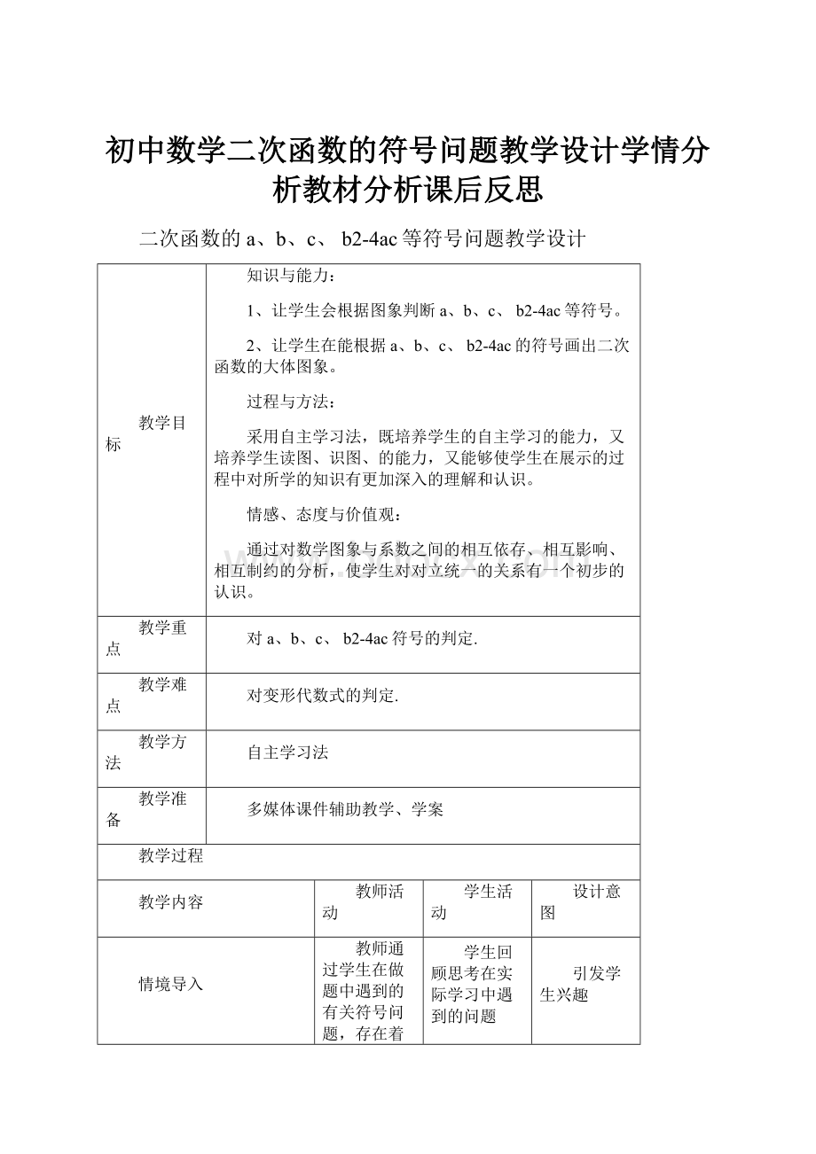 初中数学二次函数的符号问题教学设计学情分析教材分析课后反思.docx