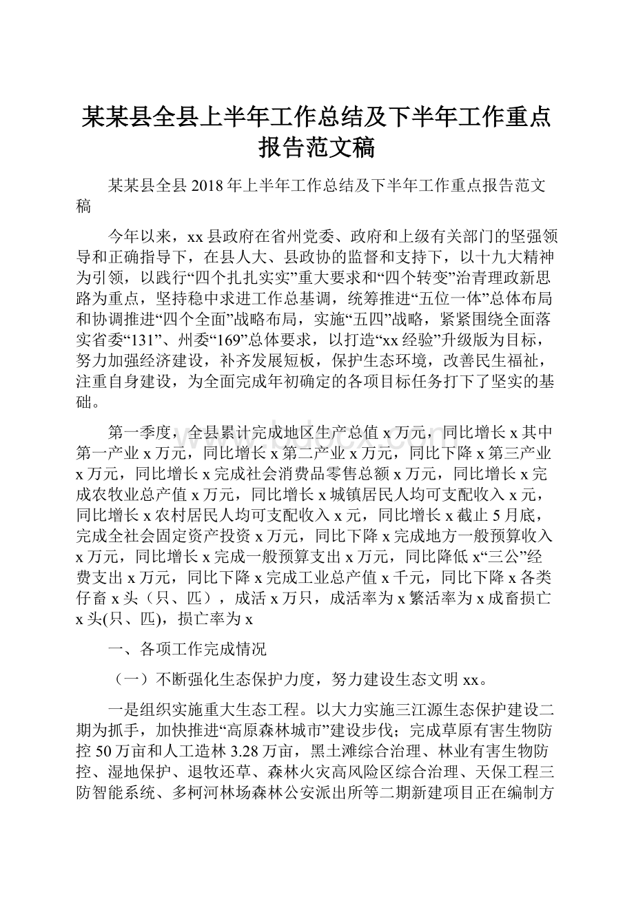 某某县全县上半年工作总结及下半年工作重点报告范文稿.docx_第1页