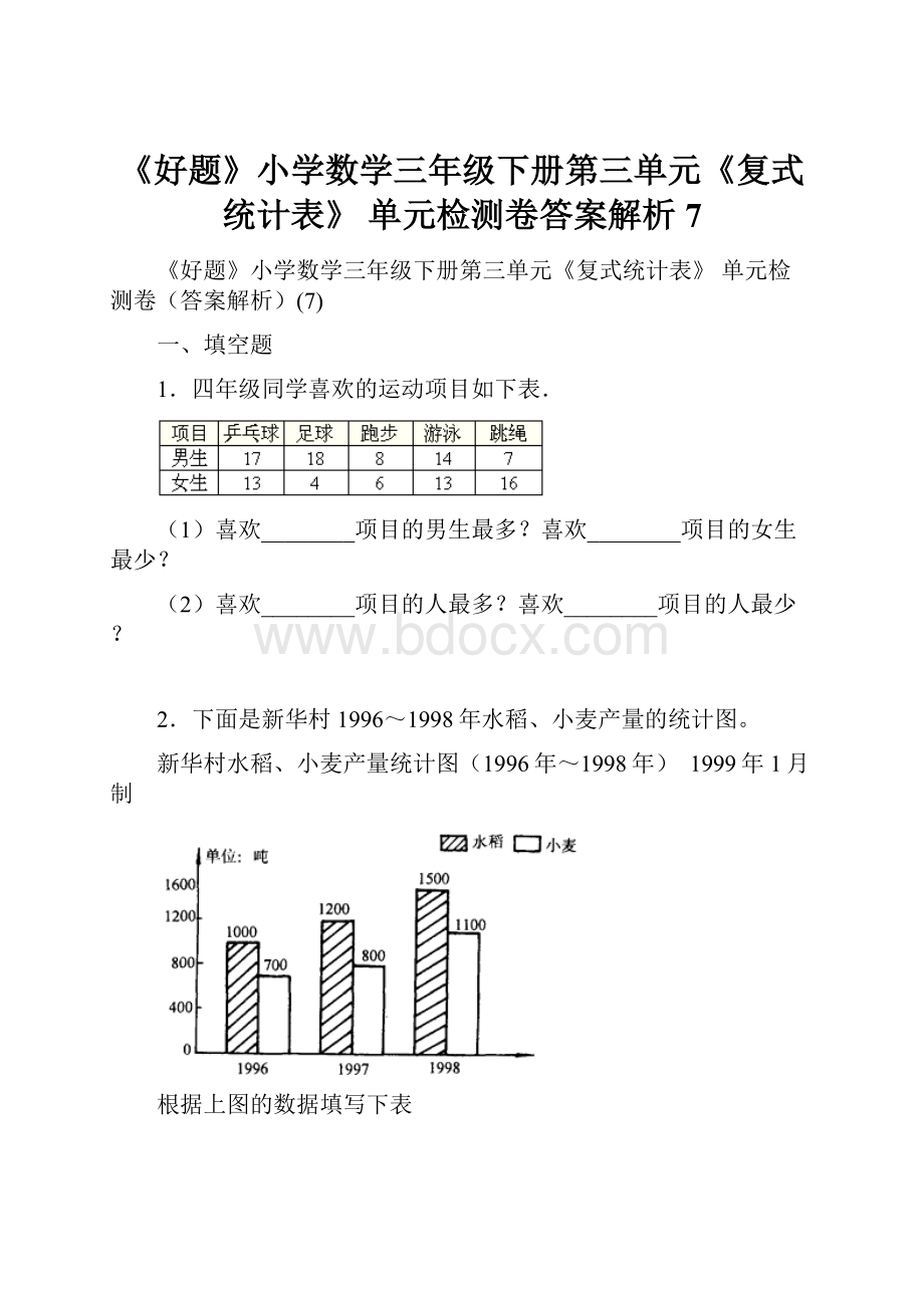 《好题》小学数学三年级下册第三单元《复式统计表》 单元检测卷答案解析7.docx