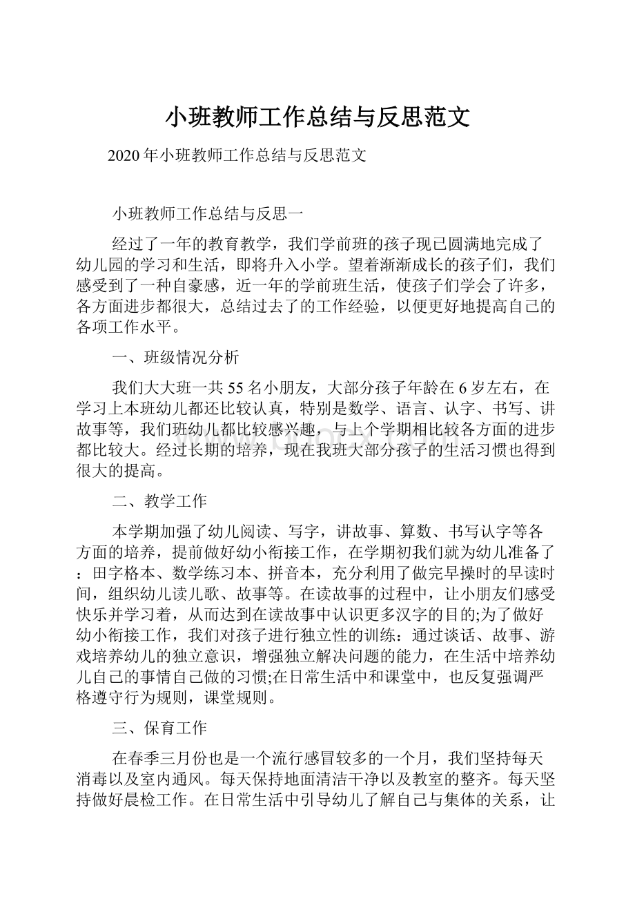 小班教师工作总结与反思范文.docx