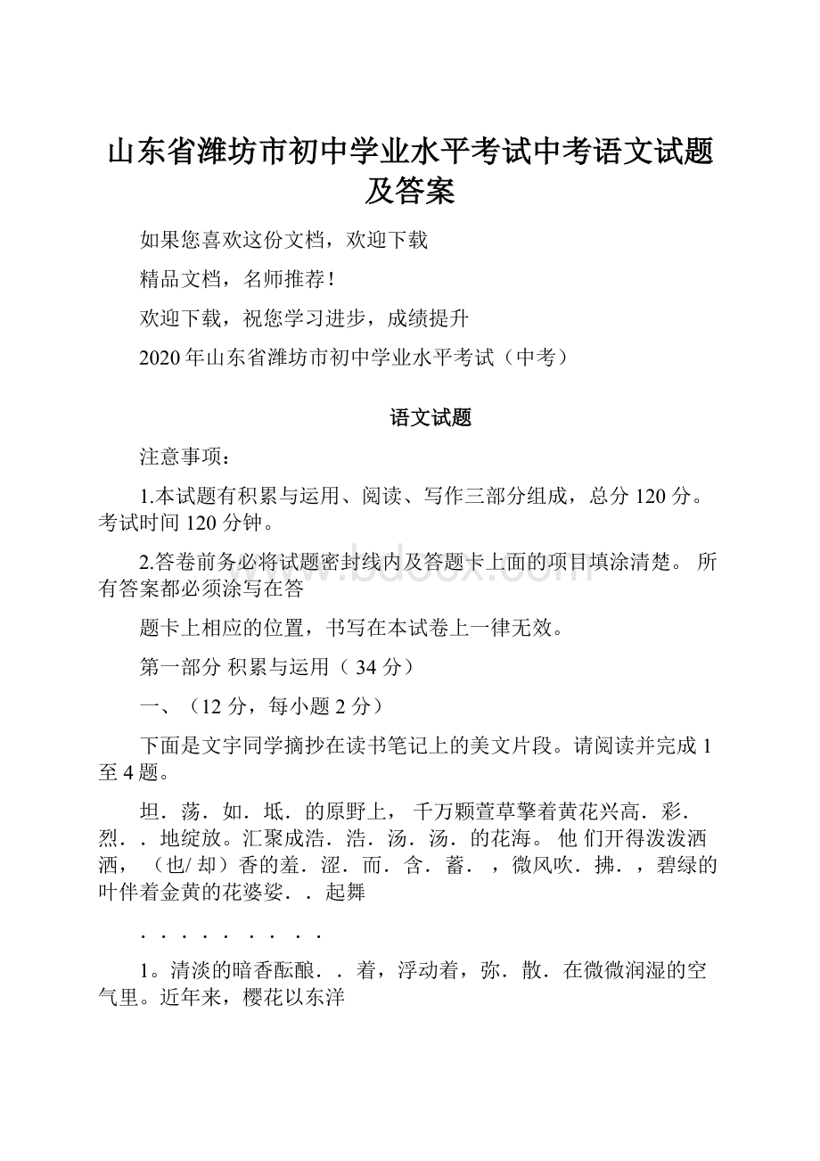 山东省潍坊市初中学业水平考试中考语文试题及答案.docx