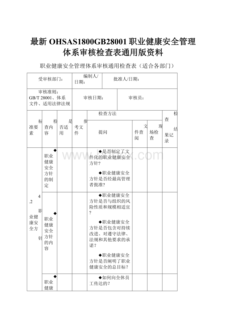 最新OHSAS1800GB28001职业健康安全管理体系审核检查表通用版资料.docx_第1页