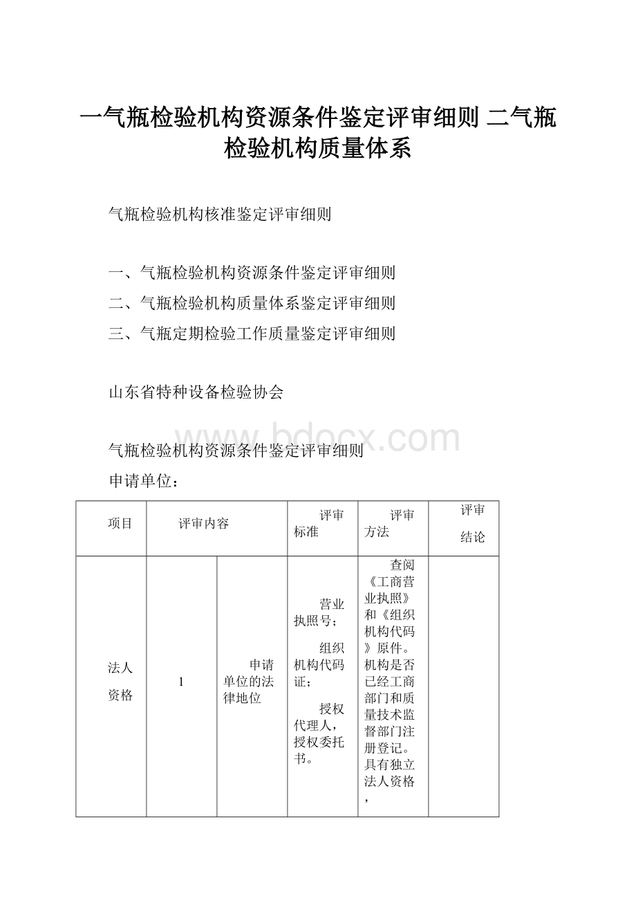 一气瓶检验机构资源条件鉴定评审细则 二气瓶检验机构质量体系.docx