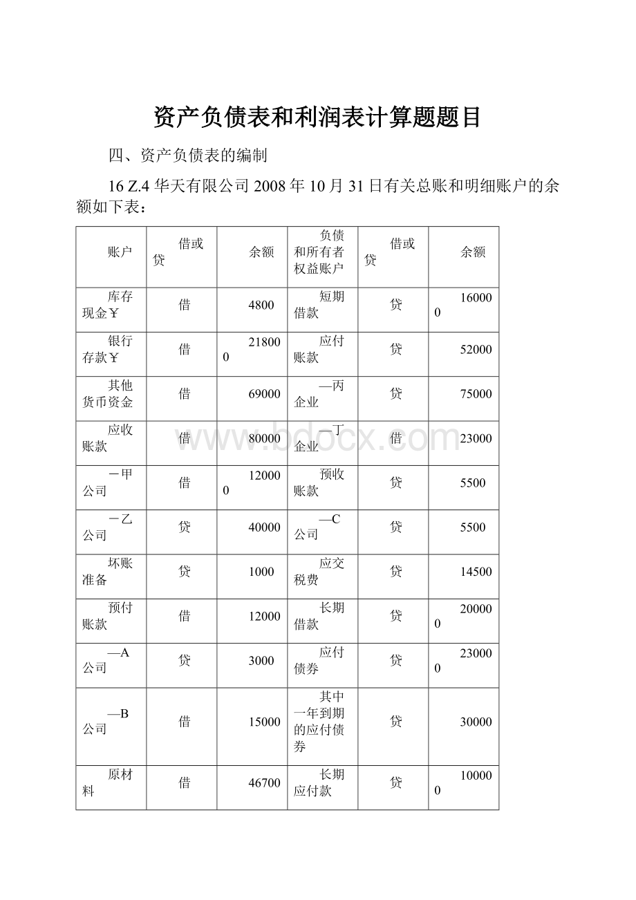 资产负债表和利润表计算题题目.docx_第1页