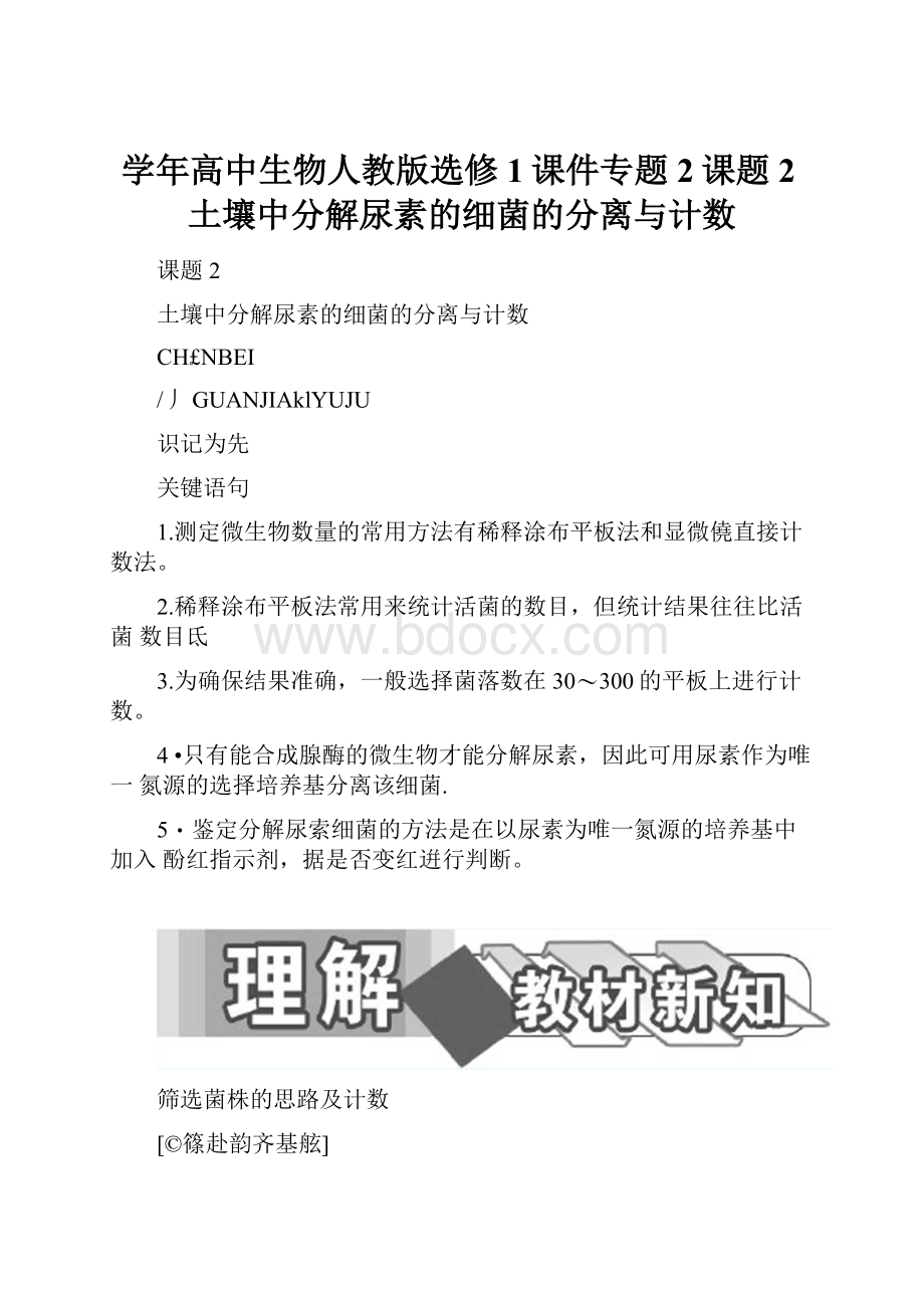 学年高中生物人教版选修1课件专题2课题2土壤中分解尿素的细菌的分离与计数.docx