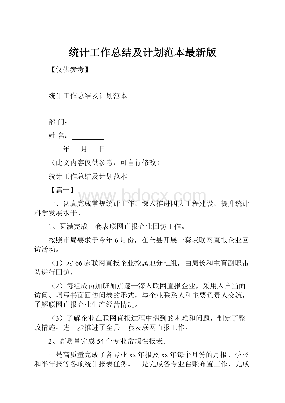 统计工作总结及计划范本最新版.docx_第1页