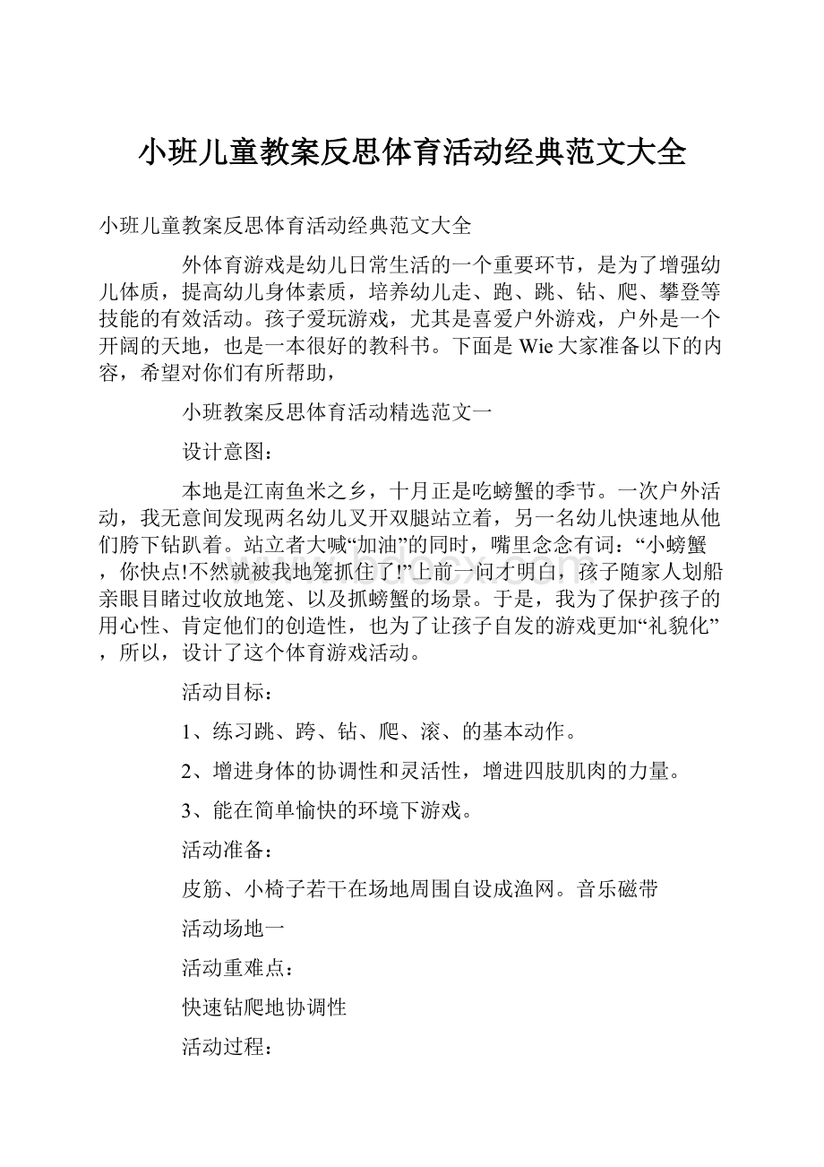 小班儿童教案反思体育活动经典范文大全.docx