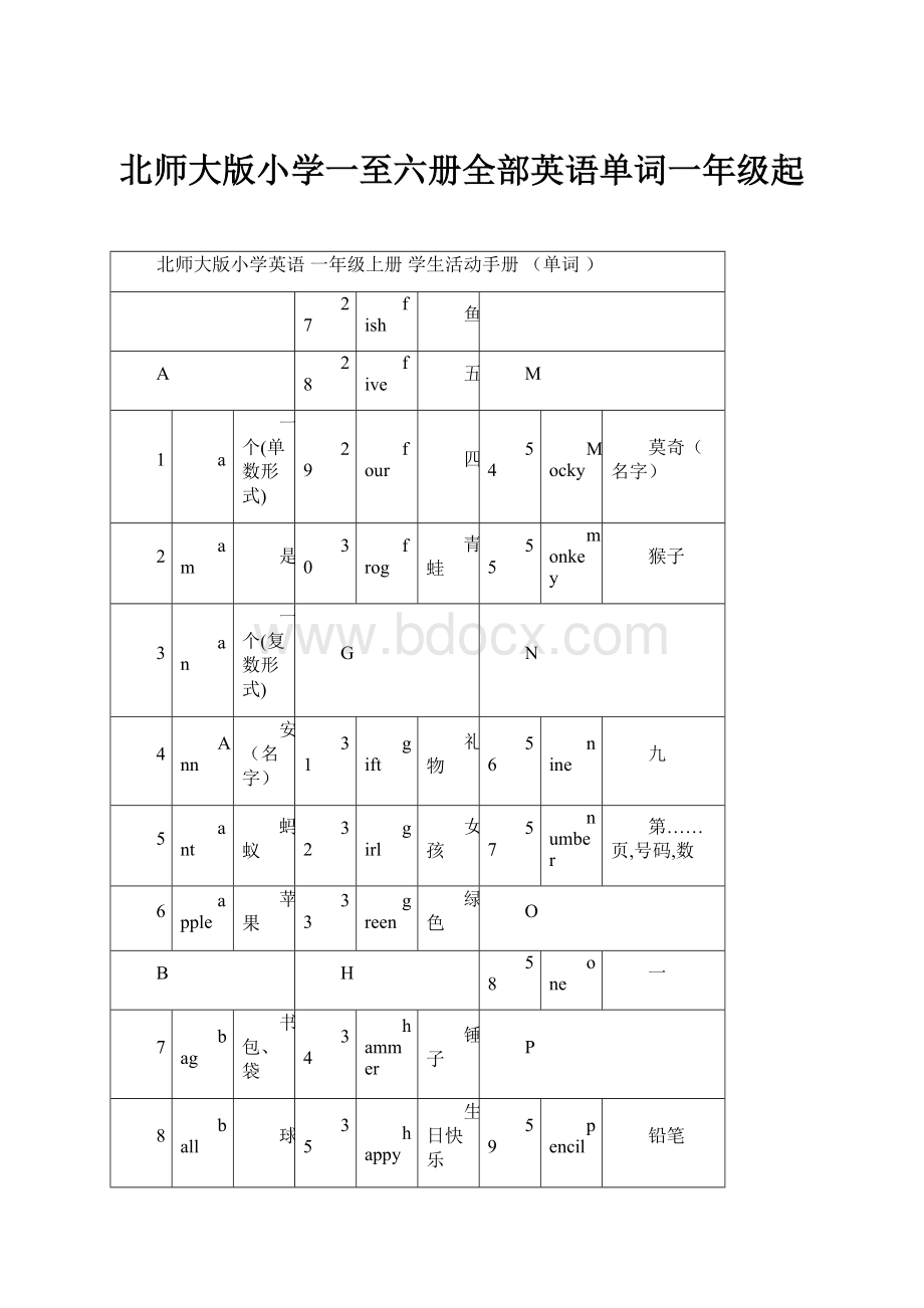 北师大版小学一至六册全部英语单词一年级起.docx