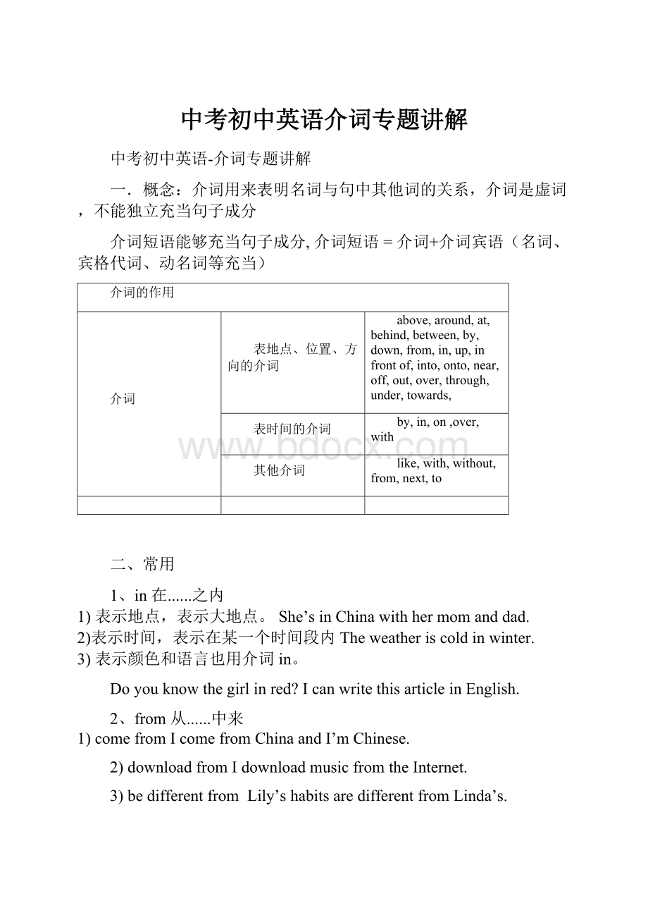 中考初中英语介词专题讲解.docx_第1页