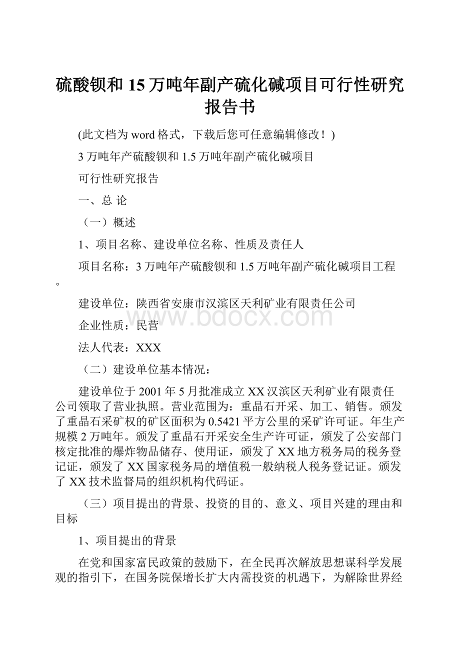 硫酸钡和15万吨年副产硫化碱项目可行性研究报告书.docx_第1页