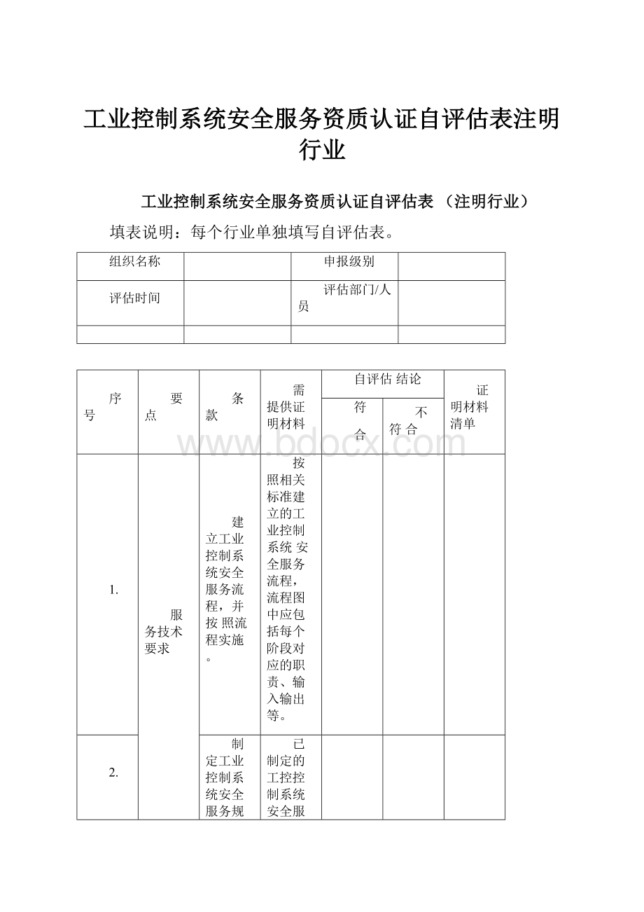 工业控制系统安全服务资质认证自评估表注明行业.docx