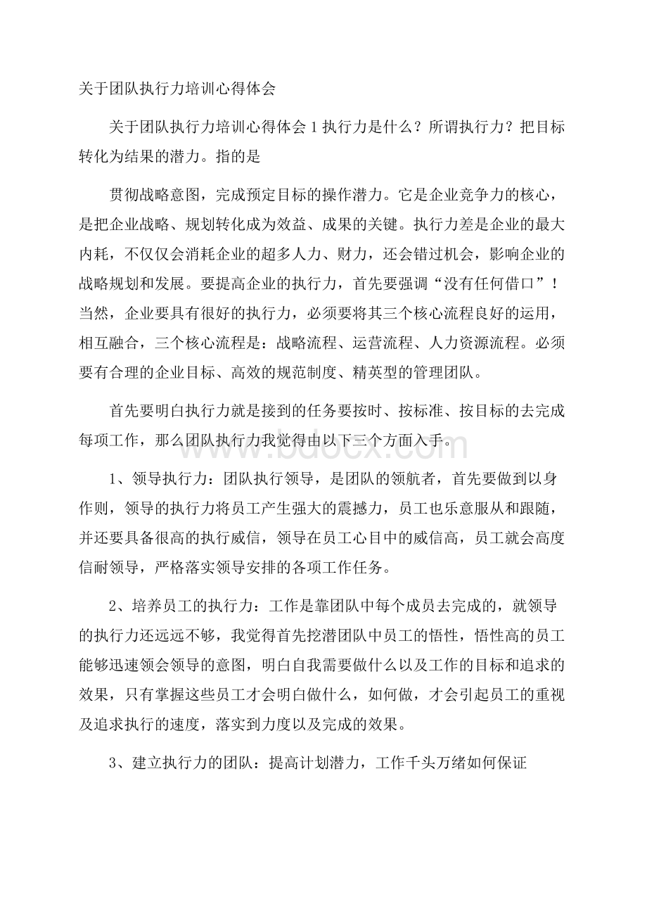 关于团队执行力培训心得体会.docx