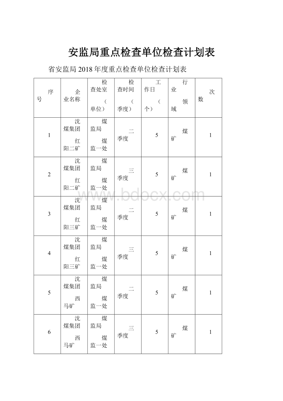 安监局重点检查单位检查计划表.docx