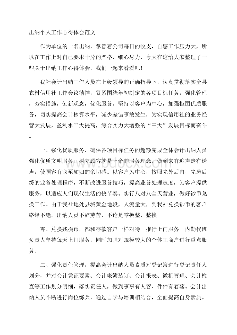 出纳个人工作心得体会范文.docx_第1页