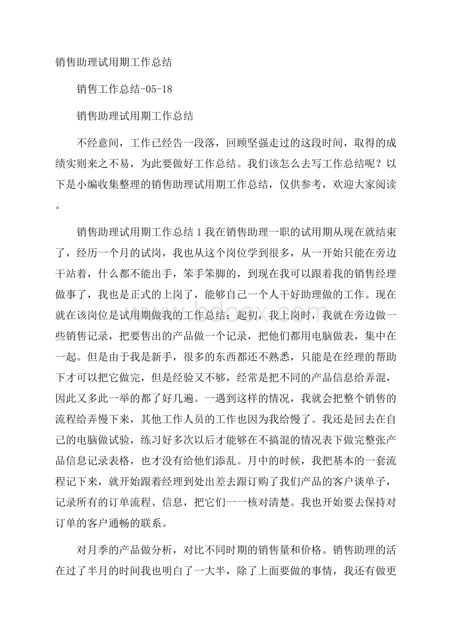 销售助理试用期工作总结.docx_第1页