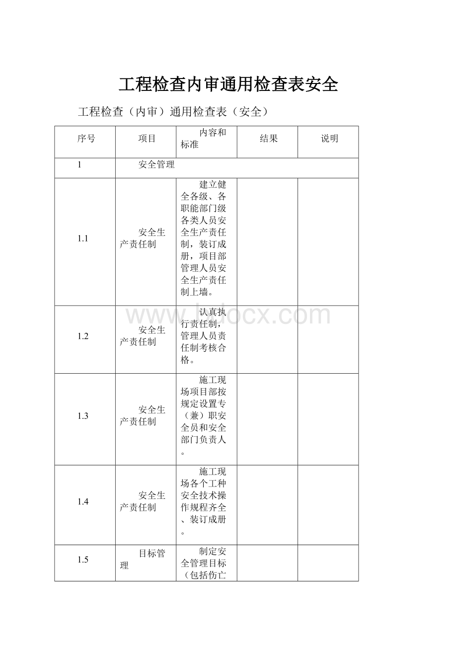 工程检查内审通用检查表安全.docx